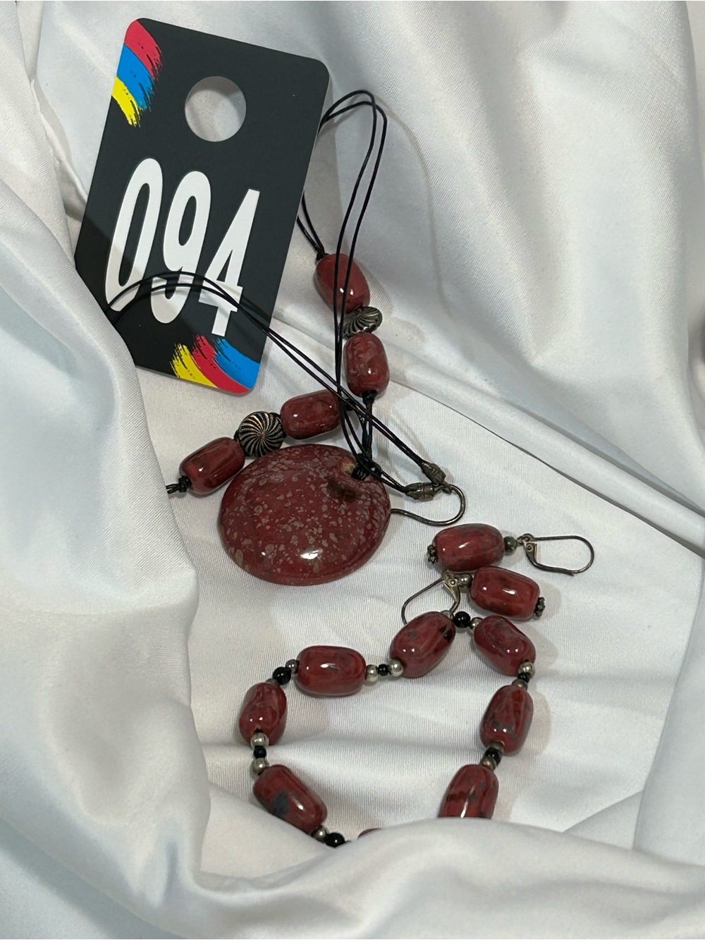 Red Stone Bead Necklace & Earrings Set